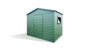 3x2m-es prémium kerti tároló nyeregtetővel, sötétzöld színben, ablakkal, szegélyekkel, filcborítással
