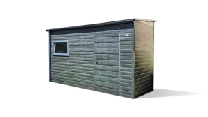 4x2m-es prémium kerti tároló előre lejtő tetővel, +30cm emeléssel, filcbevonattal, fahatású antracitszürke színben, ajtóval, ablakkal, szegélyekkel, ereszcsatornával