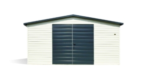 5x3m-es prémium kerti tároló nyeregtetővel cserepeslemez tetőborítással, fehér falakkal, antracitszürke kapuval, tetővel, szegélyekkel, ereszcsatornával