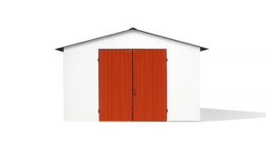 4x3m-es sztenderd tároló nyeregtetővel, fehér falakkal, rézbarna kétszárnyú kapuval és tetővel