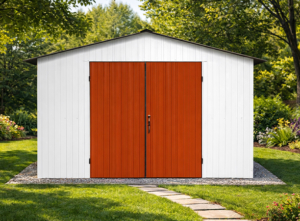 4x3m-es sztenderd tároló nyeregtetővel, fehér falakkal, rézbarna kétszárnyú kapuval és tetővel