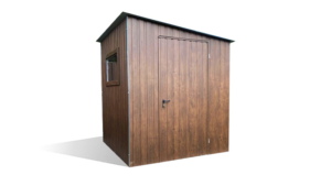 2x2m-es sztenderd tároló jobbra lejtő tetővel, ajtóval, ablakkal, sötét diófa színben
