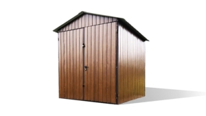 2x2m-es sztenderd tároló nyeregtetővel, világos aranytölgy falakkal és kapuval, csokoládébarna tetővel