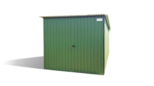 2,5x5m-es sztenderd tároló hátra lejtő tetővel, kétszárnyú kapuval, sötétzöld színben
