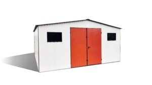 5x6m-es sztenderd tároló nyeregtetővel, fehér falakkal, rézbarna kapuval és tetővel, 2db ablakkal