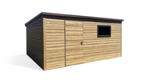 5x4m-es prémium kerti tároló hátra lejtő tetővel, filcbevonattal, világos dió színben, ajtóval, ablakkal, szegélyekkel