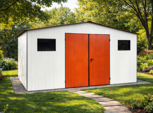 5x6m-es sztenderd tároló nyeregtetővel, fehér falakkal, rézbarna kapuval és tetővel, 2db ablakkal