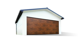 6×5,8m-es delux szigetelt mobilgarázs nyeregtetővel, fehér falakkal, sötét dió szekcionált kapuval és ajtóval, ablakkal, 2db szellőzőráccsal, szegélyekkel, ereszcsatornával, antracitszürke cserepeslemez tetőborítással