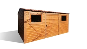 3x5m-es delux fém kerti tároló nyeregtetővel, csokoládébarna cserepeslemez tetővel, sötét diófa falakkal és ajtóval, 2db ablakkal, szegélyekkel, horganyzott vázszerkezettel, vízszintes lemezborítással