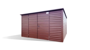 4x3m-es prémium tároló hátra lejtő tetővel, csokoládébarna falakkal, kapuval és tetővel, ablakkal, szegélyekkel