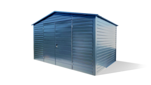 4x3m-es prémium kerti tároló nyeregtetővel, filcbevonattal, kétszárnyú kapuval, antracitszürke trapézlemezborítással, sarokszegélyekkel