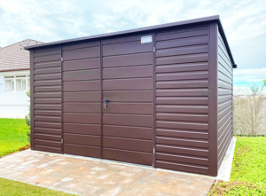 4x3m premium storage with sloping back roof, chocolate brown walls, gate and roof, window, trims
