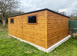 5.8x3.5m PREMIUM storage with a sloping roof to the rear, light golden oak walls and door, 2 windows, anthracite gray roof and trims