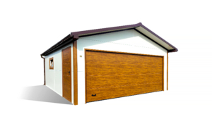 6×5,8m-es delux prémium szigetelt mobilgarázs nyeregtetővel, fehér falakkal, aranytölgy szekcionált kapuval és ajtóval, ablakkal, 2db szellőzőráccsal, szegélyekkel, ereszcsatornával, csokoládébarna cserepeslemez tetőborítással