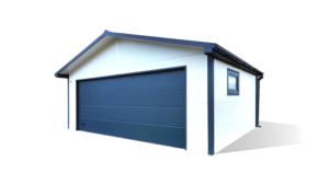 6,5×4,5m-es delux szigetelt mobilgarázs nyeregtetővel, fehér falakkal, antracitszürke szekcionált kapuval és ajtóval, ablakkal, 2db szellőzőráccsal, szegélyekkel, ereszcsatornával, antracitszürke cserepeslemez tetőborítással