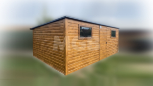 5,8x3,5m Premiumlager mit rückseitigem Schrägdach, Wände und Tür aus heller Goldeiche, 2 Fenster, anthrazitgraues Dach, Verkleidungen