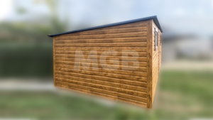 5,8x3,5m Premiumlager mit rückseitigem Schrägdach, Wände und Tür aus heller Goldeiche, 2 Fenster, anthrazitgraues Dach, Verkleidungen