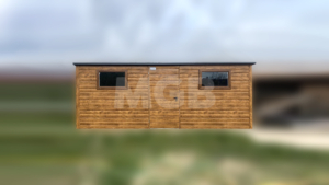 5,8x3,5m Premiumlager mit rückseitigem Schrägdach, Wände und Tür aus heller Goldeiche, 2 Fenster, anthrazitgraues Dach, Verkleidungen