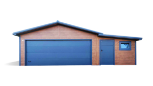 9×5,8m-es delux szigetelt mobilgarázs nyeregtetővel, sötét diófa falakkal, antracitszürke szekcionált kapuval és ajtóval, 2db ablakkal, 3db szellőzőráccsal, belső válaszfallal, belső ajtónyílással, szegélyekkel, ereszcsatornával, antracitszürke cserepeslemez tetőborítással