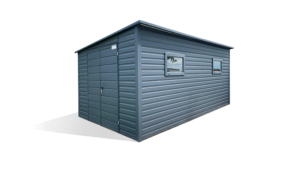 5x3m-es prémium tároló hátra lejtő tetővel, antracitszürke színben, 1db kétszárnyú kapuval, 2db ablakkal, szegélyekkel