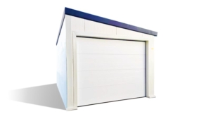 3x5m-es delux szigetelt mobilgarázs antracitszürke nyeregtetővel, fehér falakkal, szekcionált kapuval és ajtóval, szegélyekkel, ereszcsatornával, horganyzott vázszerkezettel