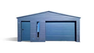 6x6m-es delux szigetelt mobilgarázs, antracitszürke nyeregtetővel, szekcionált kapuval, ajtóval, ablakkal, szegélyekkel, ereszcsatonával, horganyzott vázszerkezettel