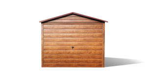 2,8x3,8m-es prémium kerti tároló nyeregtetővel, sötét diófa falakkal, kapuval, csokoládébarna tetővel, szegélyekkel