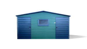 5x6m-es prémium kerti tároló nyeregtetővel, sötétzöld falakkal, antracitszürke ajtókkal, tetővel, szegélyekkel, ereszcsatornával