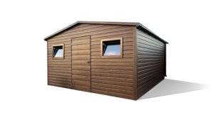 4,5x5m-es prémium kerti tároló nyeregtetővel, cserepeslemez borítással, sötét diófa falakkal, ajtóval, ablakokkal, szegélyekkel, ereszcsatornával, válaszfallal