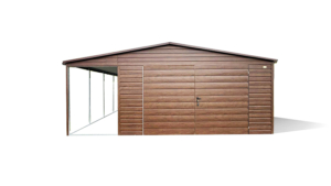 6x4m-es prémium kerti tároló nyereg és oldaltetővel bal oldalon, sötét diófa falakkal, kapuval, csokoládébarna tetővel, szegélyekkel, ereszcsatornával