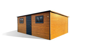 5,8x3,5m-es prémium kerti tároló hátra lejtő tetővel, világos aranytölgy falakkal, antracitszürke ajtóval, ablakokkal, szegélyekkel