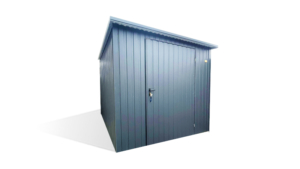 2,3x3m-es sztenderd tároló hátra lejtő tetővel, antikondenzációs filcborítással, ajtóval, antracitszürke színben