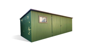 7x3m-es sztenderd tároló hátra lejtő tetővel, kétszárnyú kapuval, ablakkal, szegélyezéssel, sötétzöld színben