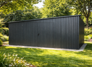 6x3,2m-es sztenderd mobilgarázs balra lejtő tetővel, antracitszürke színben, kétszárnyú kapuval, ablakkal, ereszcsatornával, szegélyekkel