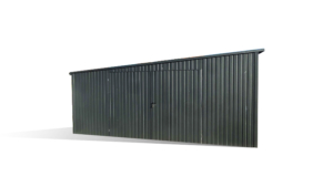 6x3,2m-es sztenderd mobilgarázs balra lejtő tetővel, antracitszürke színben, kétszárnyú kapuval, ablakkal, ereszcsatornával, szegélyekkel