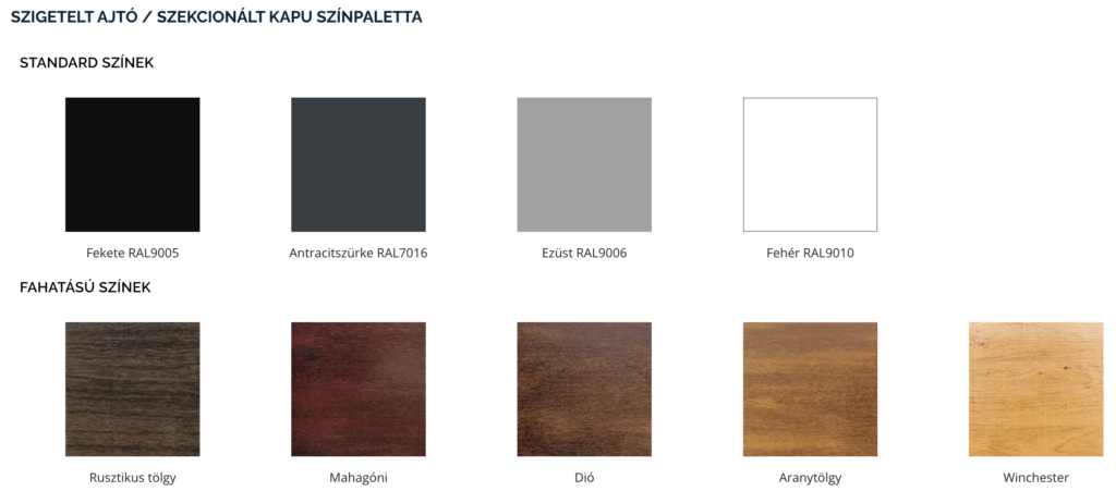Szigetelt ajtó / Szekcionált kapu színei