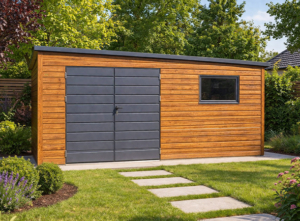 5x3m-es delux tároló jobbra lejtő tetővel, világos aranytölgy falakkal, matt antracitszürke kapuval, ablakkal, ereszcsatornával, szegélyekkel, horganyzott vázszerkezettel, vízszintes lemezborítással