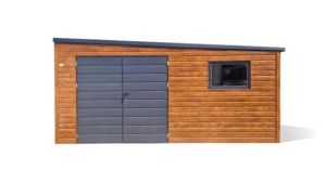 5x3m-es delux tároló jobbra lejtő tetővel, világos aranytölgy falakkal, matt antracitszürke kapuval, ablakkal, ereszcsatornával, szegélyekkel, horganyzott vázszerkezettel, vízszintes lemezborítással