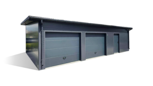10x6m-es DELUX szigetelt mobilgarázs fordított nyeregtetővel, 2db szekcionált kapuval, 2db ajtóval, ablakkal, 3db szellőzőráccsal, ereszcsatornával, cserepeslemez tetőborítással, horganyzott vázszerkezettel